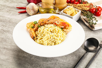 Italian pasta Orzo with prawn