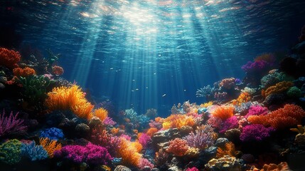 Fototapeta premium Sunlight illuminating a vibrant underwater coral reef scene beautifully