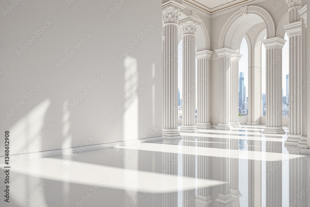 Aufkleber Classical interior with tall columns and arched windows overlooking a modern cityscape.
