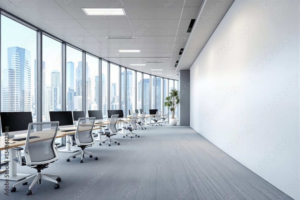 Poster modern office interior with open workspace and city view.