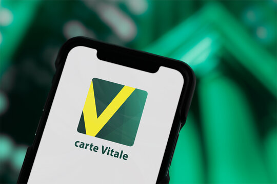 Guilherand-Granges, France - March 21, 2025. Carte Vitale: French health insurance card, now available digitally..