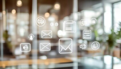 Digital communication icons overlaying a blurred office background
