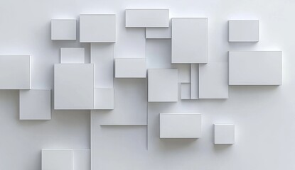 Abstract geometric pattern of various sized squares.  A  composition of white cubes and rectangles in a three-dimensional display