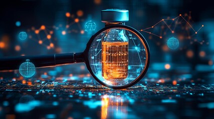 A magnifying glass examining a vintage vaccine vial surrounded by four minimalistic chart icons, symbolizing healthcare, medicine, and analytics in the context of global health monitoring.