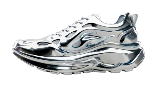 Metallic silver futuristic sneaker with transparent background