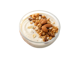 yogurt with granola and almonds isolated on-white