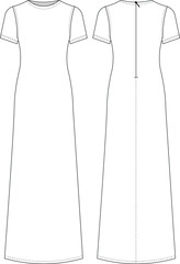 round neck short sleeeves zippereda line straight long maxi dress template technical drawing flat sketch cad mockup fashion woman design style model 
