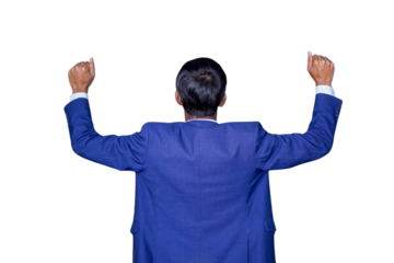young businessman in a blue suit with arms raised on transparent background