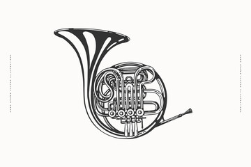 Hand-drawn French horn illustration in vintage engraving style. Musical instrument sketch for design and print © KOSIM