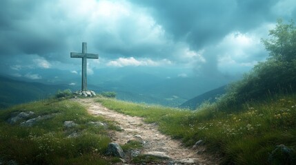 Wooden Cross Stands on Mountaintop Path