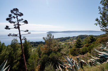 Scenic view of a coastal landscape with trees, hills, and a calm sea under a clear blue sky.