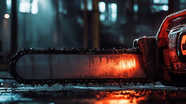 Chainsaw resting on steel, factory background, industrial setting, potential use machinery imagery