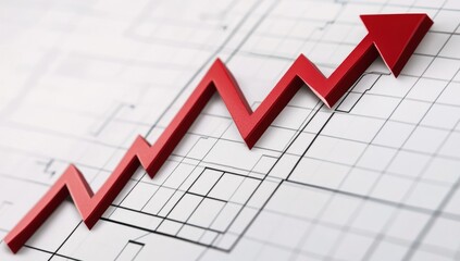 Red upward trend graph on blueprints
