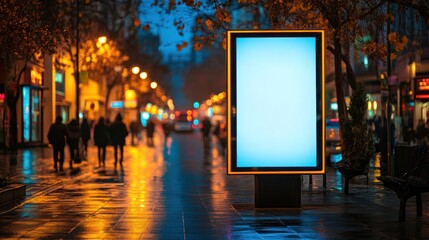 Blank Billboard on a Rainy Night City Street