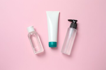 Natural cosmetic products a pink background, top view