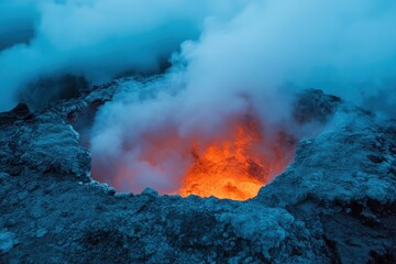 Majestic glow of the volcano crater shrouded in mist during twilight hours in a volcanic landscape