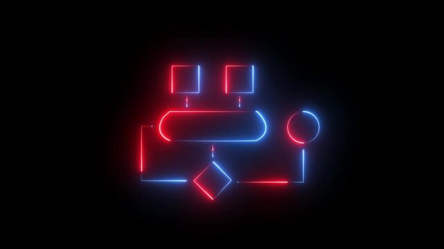 Neon glowing Block diagram concept analysis scheme logical algorithm flow chart animation on black background.