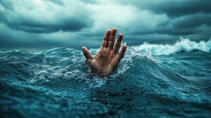 A single hand emerges from turbulent waters beneath a stormy sky, symbolizing a powerful cry for help, struggle, and human resilience.

