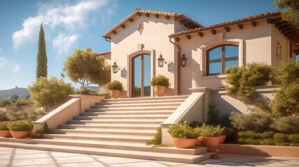 Modern Mediterranean House with Elegant Steps Surrounded by Olive Trees Under Clear Blue Sky