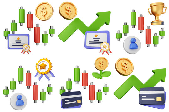 3d trading finance money icon set bundle