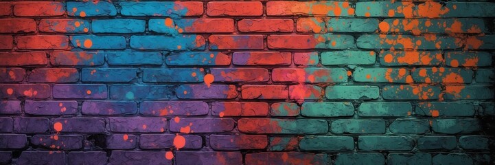 Colorful brick wall art: abstract urban design with vibrant painted textures and splashes