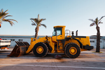 Yellow Construction Wheel Loader Parked Outdoors Under Clear Sky Near Palm Trees.