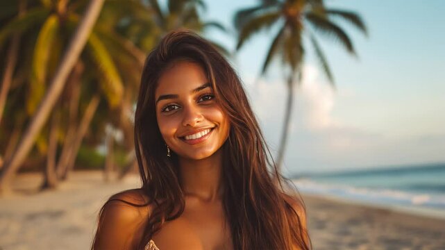 A young woman smiles brightly while standing on a sandy beach during sunset. Palm trees sway gently as the soft waves lap at the shore, creating a tranquil atmosphere