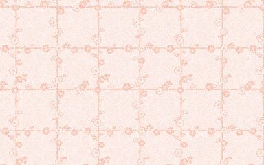 シームレスな和柄和紙のパターン。薄橙色、格子に紅白梅。