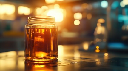 Glass Jar Filled with Liquid Under Warm Sunset Light in Lab