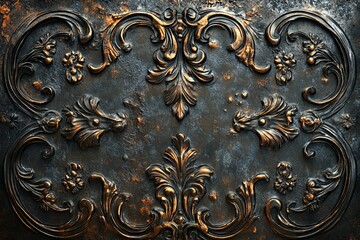 Ornate metal panel with a bronze and weathered dark design