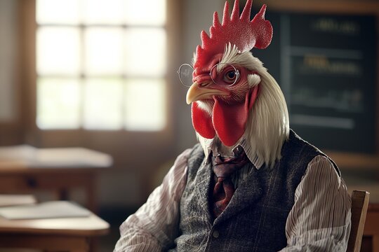 Anthropomorphic rooster in glasses and suit in classroom setting