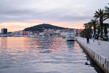 Travel by Croatia. Beautiful landscape with Split Old Town on sea shore.