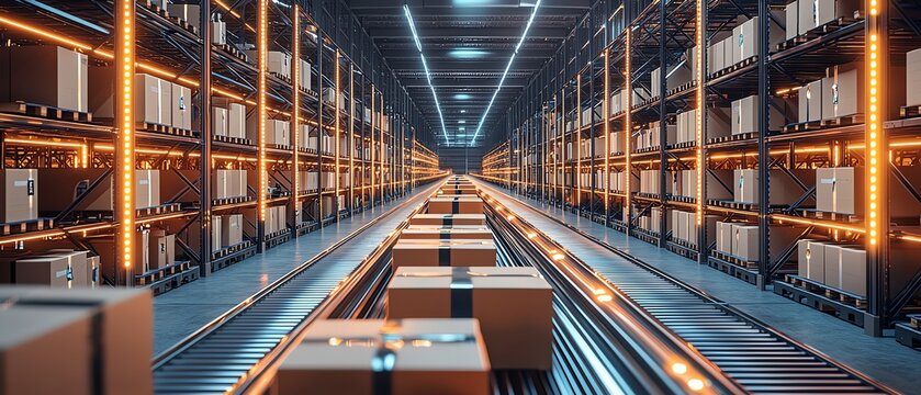 High-tech warehouse interior with packages.