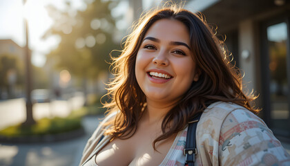 Plus-Size Woman Smiling in Outdoor Sunlight – Body Positivity and Lifestyle Campaign-Perfect for social media, wellness content, or brands focusing on body inclusivity and empowerment.