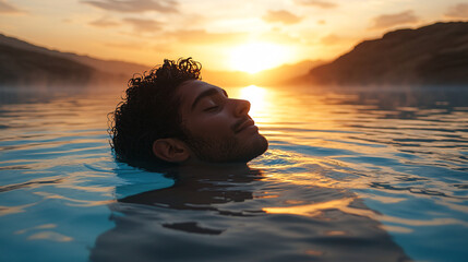 A man enjoys a serene moment in water during a stunning sunset.