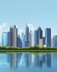 Obraz premium City Skyline Reflection: Modern skyscrapers and buildings create a stunning skyline reflected in tranquil waters, beneath a clear sky with a touch of nature's green embrace.