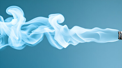 A striking image of light blue smoke elegantly rising from a cigarette butt against a soft, muted teal background.