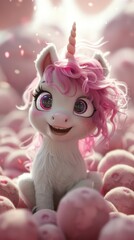 Cute cartoon unicorn sitting in pink clouds, sparkling background.  Possible use children's book cover, social media post