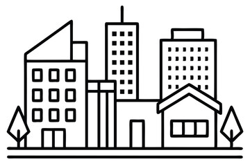 Cityscape Doodle Buildings, Skyscraper, House, Trees, Simple Black and White Outline