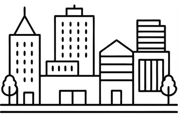 Fototapeta premium Cityscape Outline HandDrawn Buildings, Trees, Black and White, Simple, Minimalist