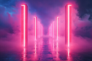 Fototapeta premium Mesmerizing landscape with glowing neon columns illuminating a foggy path through a mystical valley at twilight