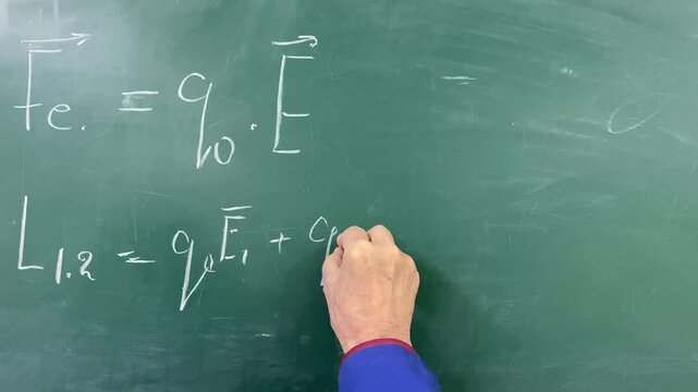 Physics Teacher Writing Formulas on Green Chalkboard, Education