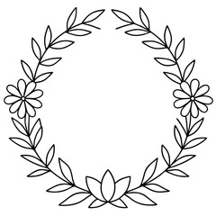 Elegant Floral Circle with Flower, Lotus, and Leaves, Black Outline, Isolated