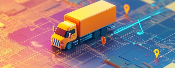 Delivery Route: A vibrant, artistic depiction of a delivery truck navigating a digital network, symbolizing logistics, transport, and the global movement of goods.