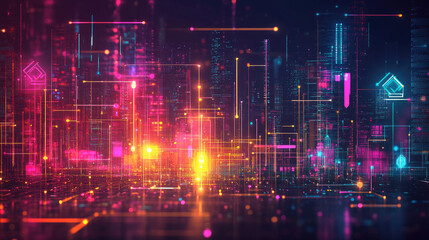 Fototapeta premium Futuristic digital cityscape with glowing blue neon lines, reflections on wet ground during night rain, immersive cyberpunk environment, concept of virtual reality and advanced technology