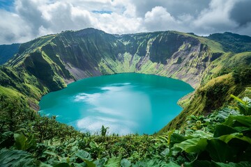 Obraz premium Turquoise crater lake in lush mountainous landscape under cloudy sky