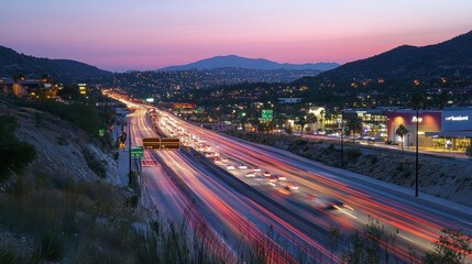 Twilight Highway: Traffic Lights Streak Across Mountain Valley