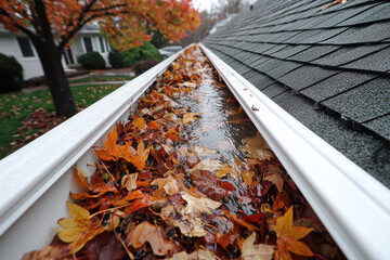 Clogged gutter with fallen leaves and water, showcasing autumn's impact on home maintenance.