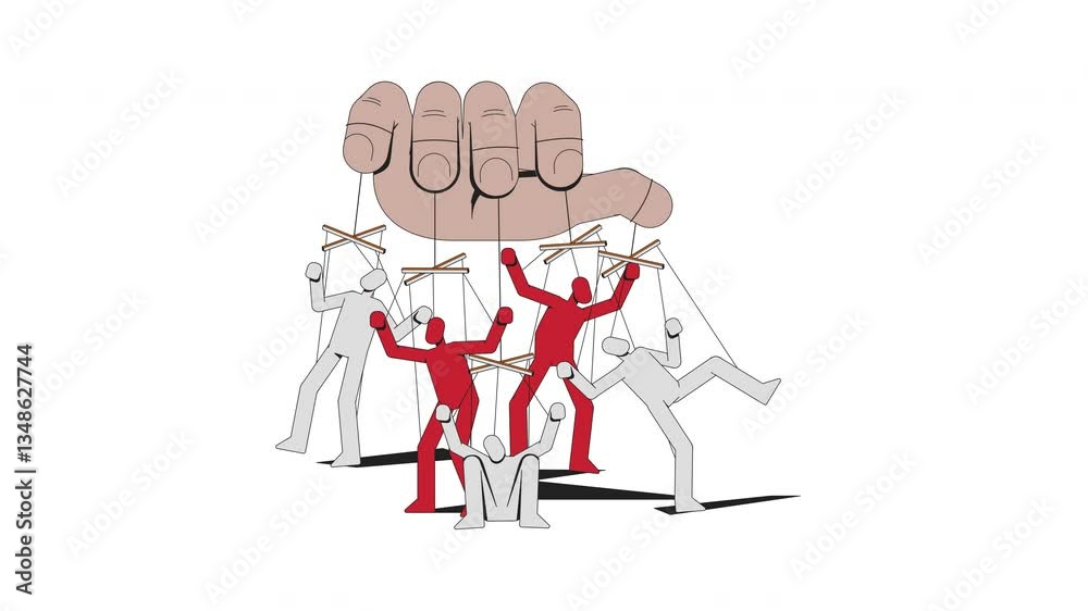 Poster puppeteer hand controlling opposing groups 2d animation. puppet master manipulating red and white pu