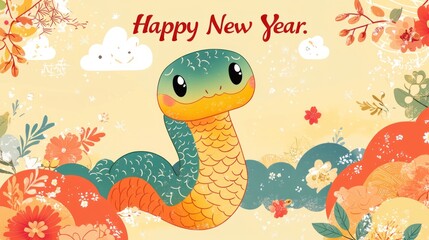 Cute snake illustration for Chinese New Year, floral background, wishes, greeting card design